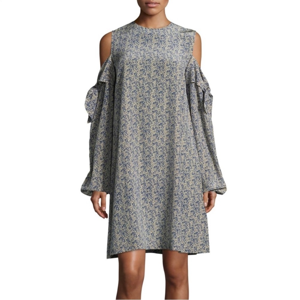 ROBERT RODRIGUEZ 100% Silk Blue Floral Cold Shoulder Bow Tie Dress